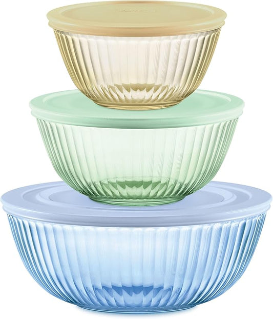 Pyrex Colors Tinted (3-Pack, Full Set) Sculpted Tinted Glass Mixing Bowls With Lids, Nesting Space Saving Set of Bowls For Prepping and Baking, 1.3QT, 2.3QT & 4.5Q