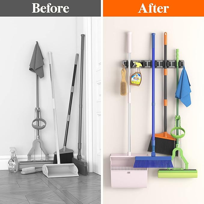 Lifewit Mop and Broom Holder Wall Mount, Anti-Slip Broom Hanger for Kitchen Organization, Heavy Duty Cleaning Supplies Organizer, Easy Install Tool Organizer for Closet, Garage, 5 Slot 6 Hooks, Grey