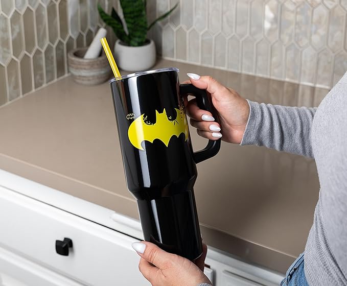 Silver Buffalo DC Comics Batman Logo Stainless Steel Tumbler with Handle and Straw, Fits in Standard Cup Holder, 40 Ounces