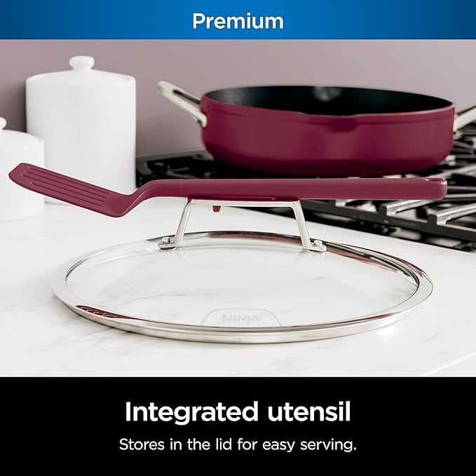 Ninja, Cookware, Steamer, Strainer Basket, Glass Lid and Spatula, Foodi NeverStick PossiblePan, Premium Set with 4-Quart Capacity Pan, Nonstick, Durable, Oven Safe Cookware, Cherry Tart, CW102RD