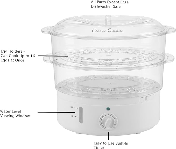Vegetable Steamer Rice Cooker- 6.3 Quart Electric Steam Appliance with Timer for Healthy Fish, Eggs, Vegetables, Rice, Baby Food by Classic Cuisine, 11"D x 11"W x 12.25"H
