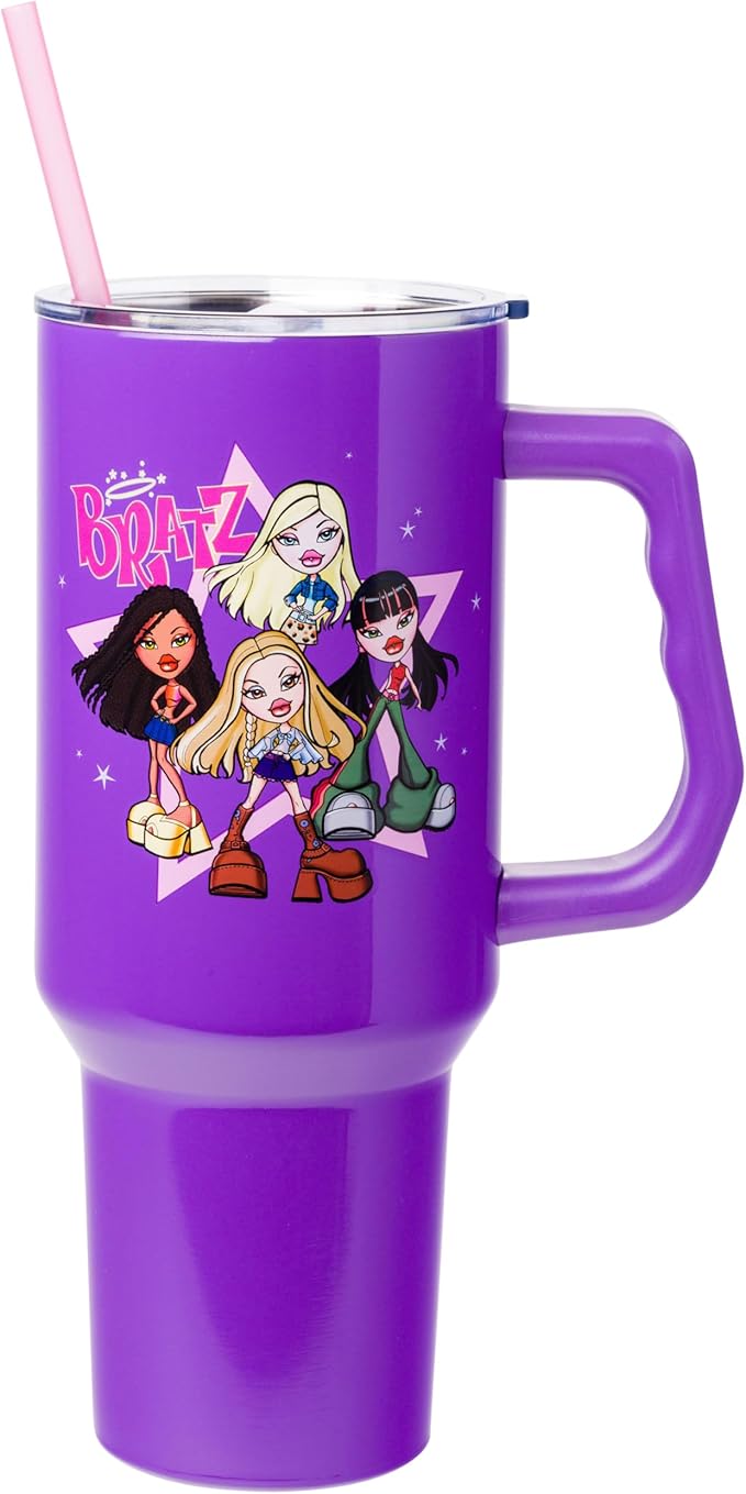 Silver Buffalo Bratz Featuring Cloe, Yasmin, Jade, and Sasha Stainless Steel Tumbler with Handle and Straw, Fits in Standard Cup Holder, 40 Ounces (Pack of 12)