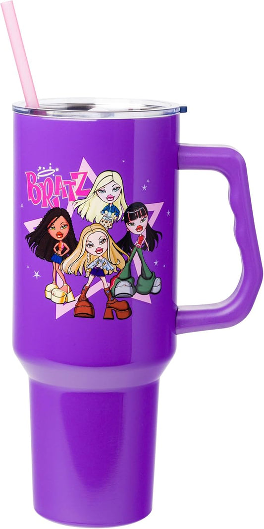 Silver Buffalo Bratz Featuring Cloe, Yasmin, Jade, and Sasha Stainless Steel Tumbler with Handle and Straw, Fits in Standard Cup Holder, 40 Ounces (Pack of 12)