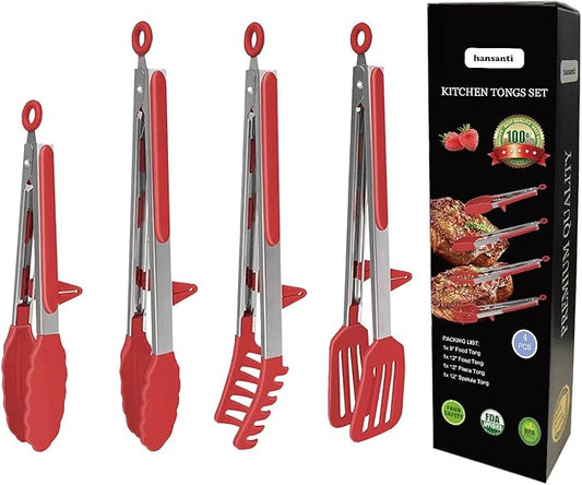 4 Pack Silicone Kitchen Cooking Tongs Set, Stainless Steel Nonstick Food Tong with BPA Free Silicone Tips for Serving Pasta Spaghetti Steak Pie Pizza Salad Vegetable Fruit Grilling BBQ Buffet 9" & 12"