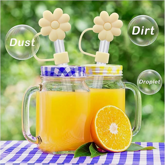 Flower Straw Cover Cap for Stanley Cup Silicone Straw Topper Compatible with 30&40 Oz Tumbler with Handle,Straw Tip Covers 10mm 0.4in for Straw Tip Covers (4pcs Beige flower)