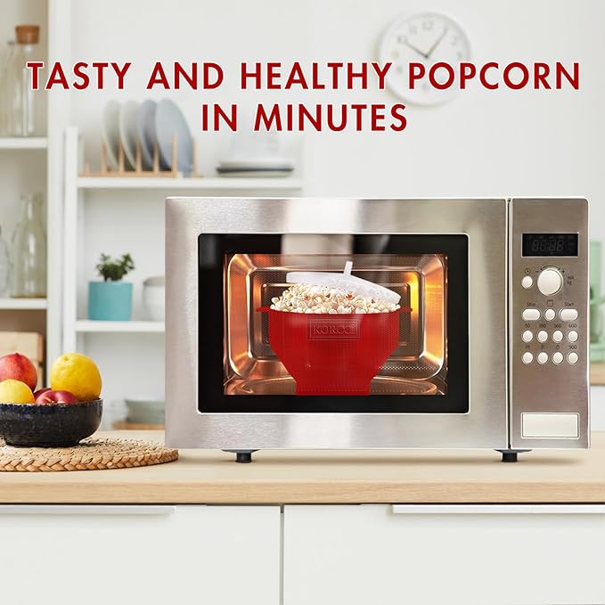 The Original Korcci Microwaveable Silicone Popcorn Popper, Microwave Popcorn Popper, Collapsible Microwave Popcorn Maker Bowl, No Oil Needed, Use In Microwave, Dishwasher Safe (Cherry)