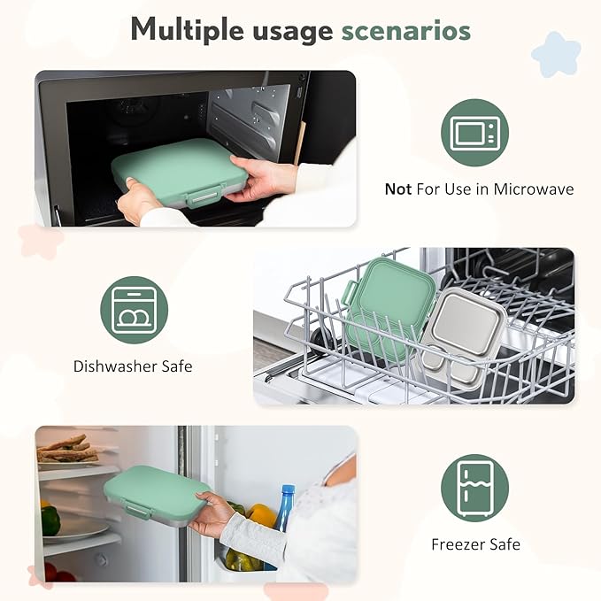 Stainless Steel Bento Box Kids, Leak Proof Metal Bento Lunch Box,3 Compartments 304 Stainless Steel Bento Lunch Containers for School and Office, BPA-Free(Green)