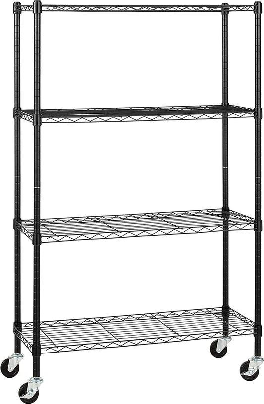 Amazon Basics 4-Shelf Adjustable, Heavy Duty Storage Shelving Unit on 3'' Wheel Casters, Metal Organizer Wire Rack, 36" L x 14" W x 57.75" H, Black