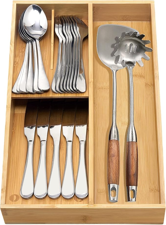 Bamboo silverware tray organizer, Utensil Holder and Cutlery Tray for Drawer, Kitchen Drawer Organizer Divider for Spoons Forks Knives