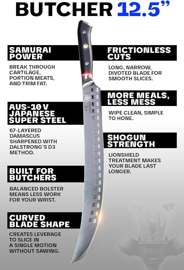 DALSTRONG Butcher Knife - 12.5 inch Slicer - Shogun Series ELITE - Japanese AUS-10V Super Steel - Black G10 Handle - Vacuum Treated Cimitar Meat Breaking Knife Gift - Sheath Included