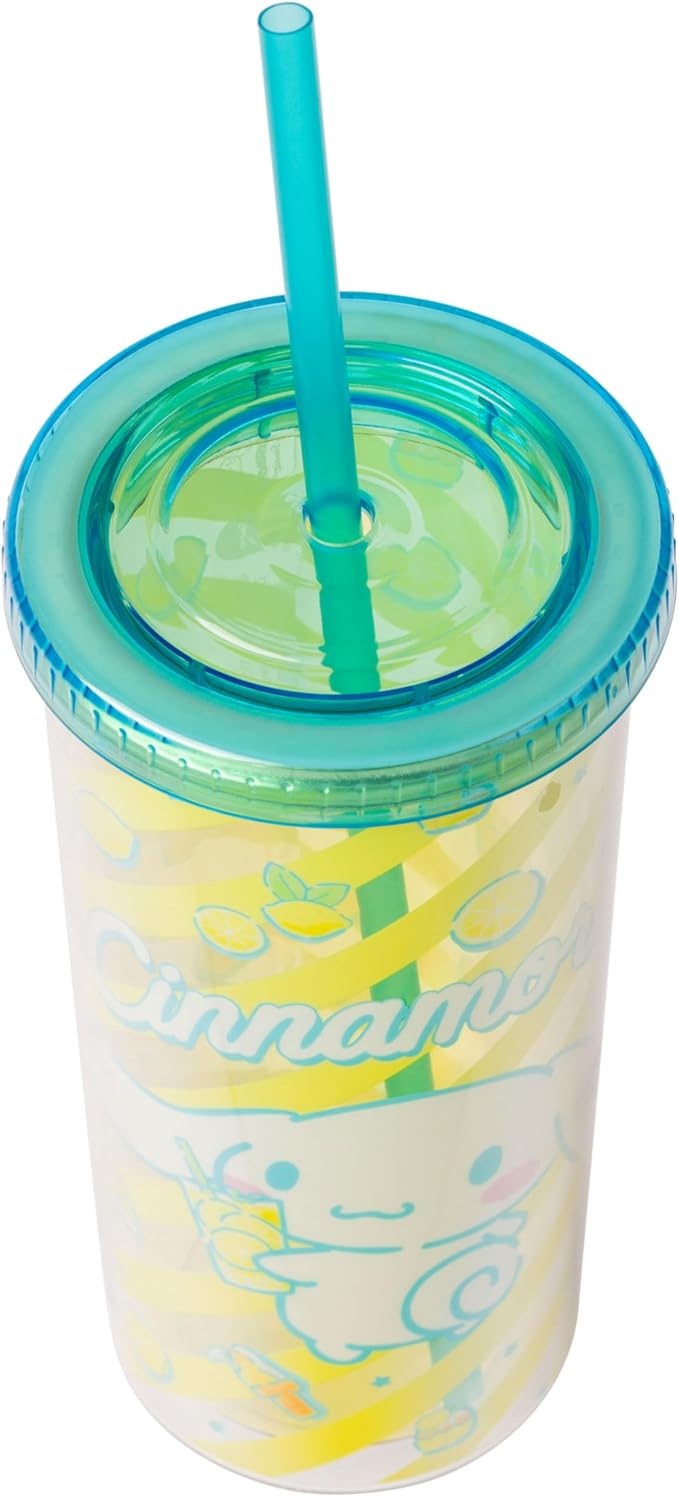 Silver Buffalo Sanrio Hello Kitty and Friends Cinnamoroll Lemons and Lemonade Plastic Cold Cup with Lid and Straw, 20 Ounces
