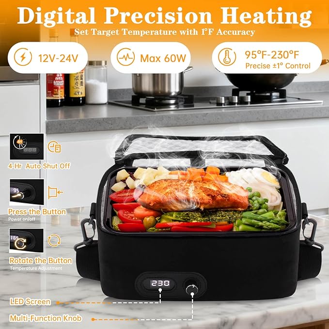Aotto Portable Oven Electric Lunch Box Food Heater - 12V/24V 2-in-1 Car Food Warmer, Temperature Control with LED Display, Cook, Reheat & Keep Meals Warm for Car, Truck, Travel - Black