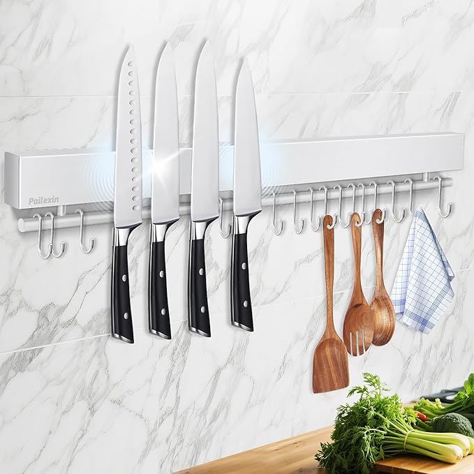 23 Inch Magnetic Knife Holder for Wall - Stainless Steel Magnet Knife Strip No Drill with 15 Hooks/Adhesive Tape/Screws, Kitchen Utensil Holder, Magnetic Knife Organizer, Wall Mounted Knife Storage
