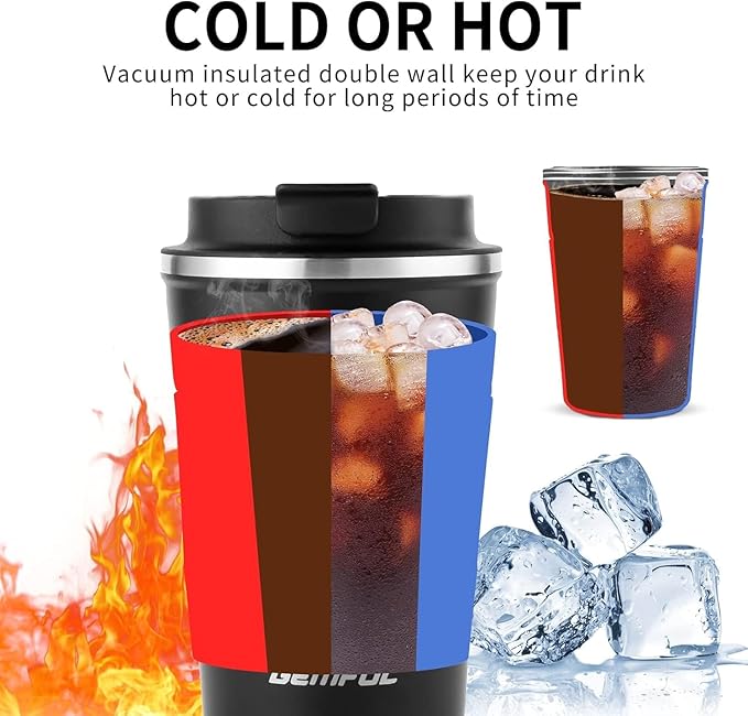 GEMFUL Travel Coffee Mug 2 Pack Insulated To Go Tumbler with Lid Portable Stainless Steel Reusable Cups Leak proof for Women Hot Cold Drinks 17oz (Black and Blue)