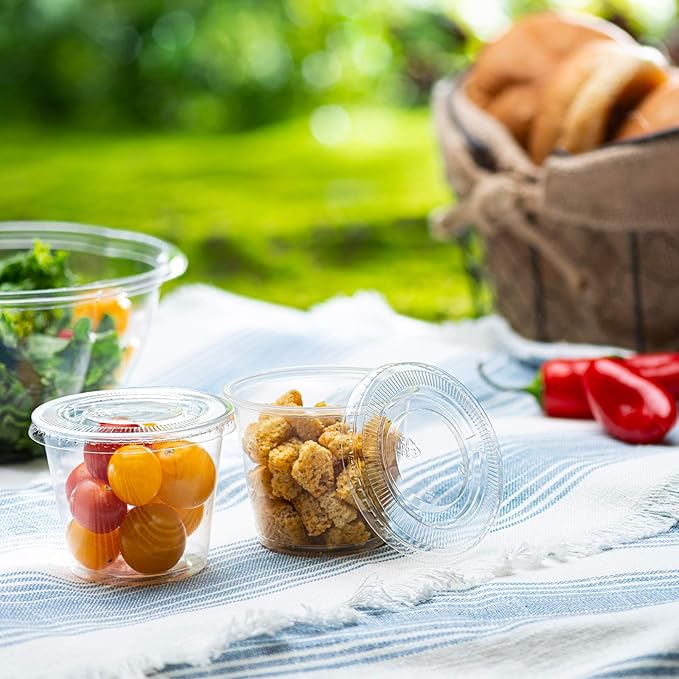 Portion Cups with Lids (5.5 Ounces, 100 Pack) | Disposable Plastic Cups for Meal Prep, Portion Control, Salad Dressing, & Medicine | Small Plastic Condiment Container