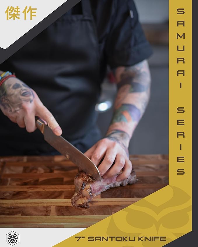 KESSAKU Santoku Knife - 7 inch - Samurai Series - Razor Sharp Kitchen Knife - Forged 7Cr17MoV High Carbon Stainless Steel - Wood Handle with Blade Guard