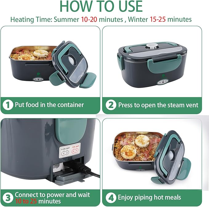 Electric Lunch Box for Adults, Electric Lunch Box Food Heater, Portable Food Heater for Travel/Home/Office,12V/24V/110V Heated Lunch Box,Loncheras para Hombres de Trabajo,GreyGreen