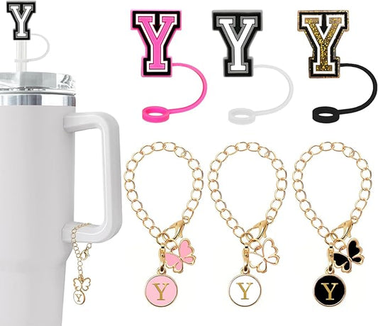 （3 +3) Nuozme Straw Cover Compatible with Stanley Tumbler Cup 3PCS Letter Straw Caps Toppers with 3 Initial Butterfly Charms Name ID For Stanley 30&40 Oz Cup