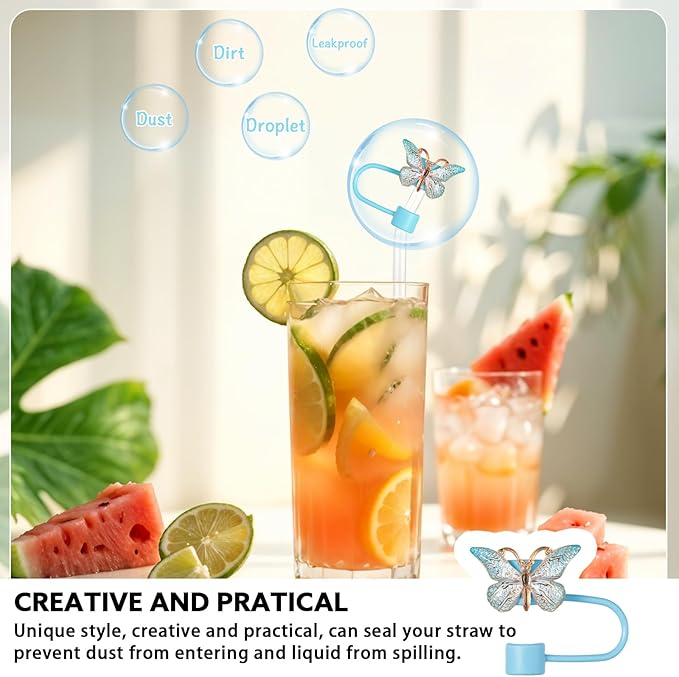 8 PCS Butterfly Straw Cover, Straw Toppers for Stanley 30&40 Oz Tumbler, Cute Straw Caps in Various Shapes Silicone Straw Covers Cap for 0.4 Inch/10 mm Straw Tips