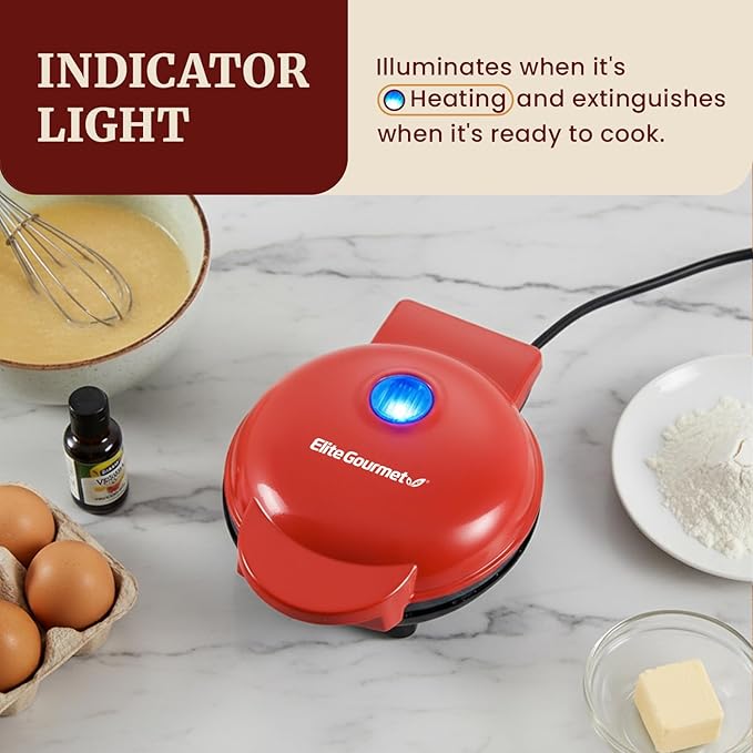 Elite Gourmet EWM015R Electric Nonstick 4.5-inch Mini Waffle Maker, Belgian Waffles, Compact Design, Hash Browns, Keto, Snacks, Sandwich, Eggs, Easy to Clean, Red