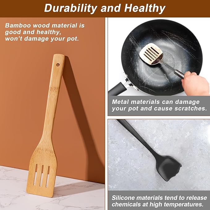 Wooden Spoons for Cooking 7-Piece, Kitchen Nonstick Bamboo Cooking Utensils Set, Durability Wooden Spatula Spoon for Everyday Use, Smooth Edge