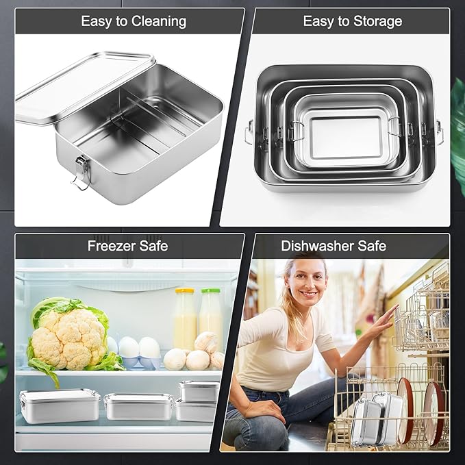 Umigy 3 Pcs Stainless Steel Food Containers 850/1400/2400 ml Metal Bento Lunch Box Stainless Steel Food Storage Containers, Lockable Clips to Leak Proof, Reusable Dishwasher Snack Boxes for Work