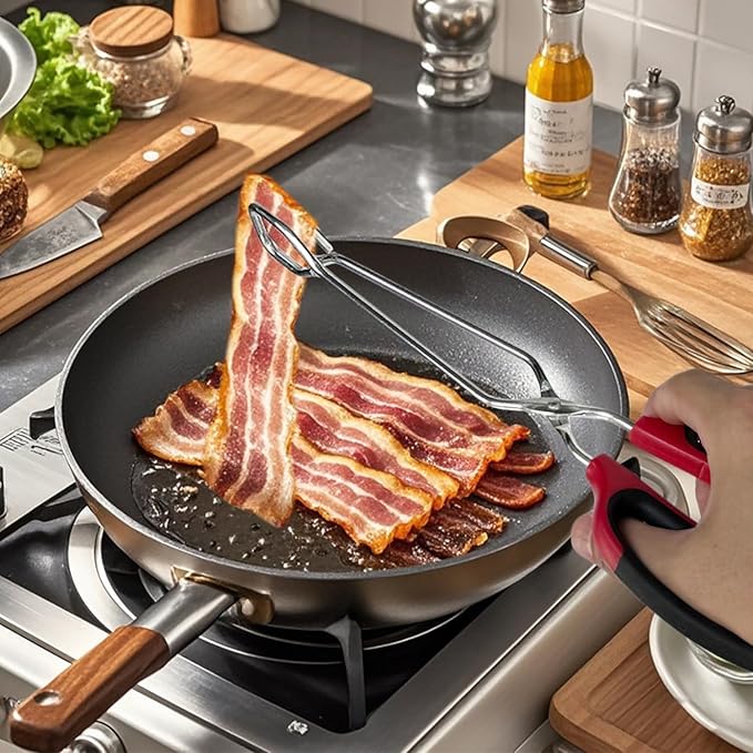 12" 16" Extra Long Stainless Steel Kitchen Tongs Set, Non-Slip Comfortable Red Grip, Scissor Design, Heat Resistant for Cooking Grilling and Serving