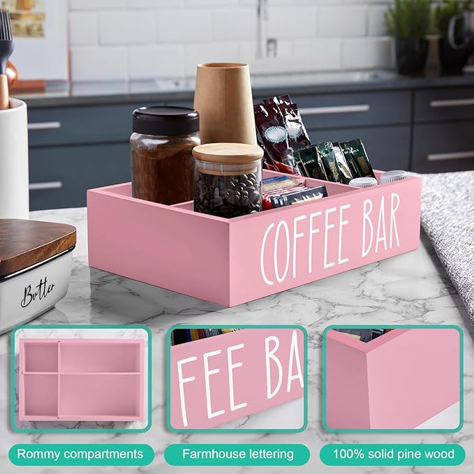 ALELION ALEION Coffee Station Organizer - Wood Countertop Accessories Organizer with Removable Dividers for Pods Condiment Syrup Tea Cups Stirrers - Pink Decor for Kitchen Coffee Bar