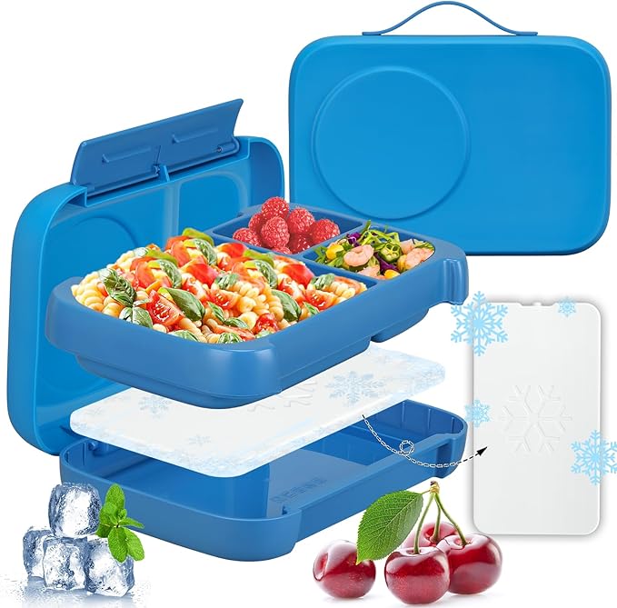 Kids Chill Leak-Proof Lunch Box-Included Reusable Ice Pack Keeps Food Cold;3-Compartment Bento Lunch Container,Microwave & Dishwasher Safe,Bento Lunch Box for School,Trvael (Blue)
