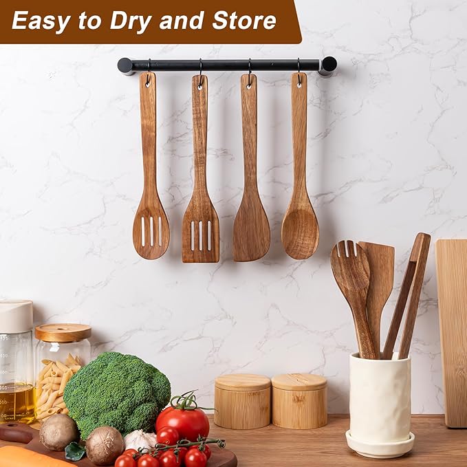 Wooden Spoons for Cooking 7-Piece, Kitchen Nonstick Wood Cooking Utensils Set, Durability Wooden Spatula Spoon for Everyday Use, Brown