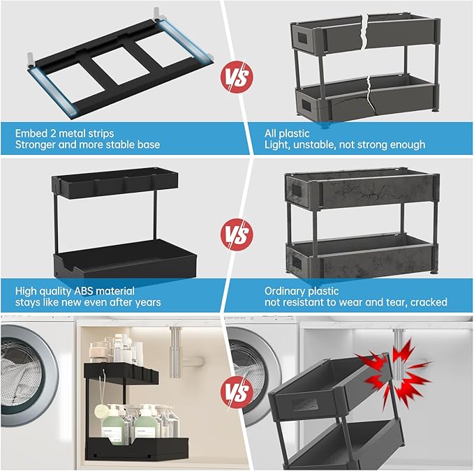 NATURE'S SOURCE Under Sink Organizers, Sliding L-shape Cabinet Organizers Narrow Space Storage Multi-purpose Sink Organizer Baskets with 4 Hook for Bathroom Kitchen Drawer (Black, 1 pack)