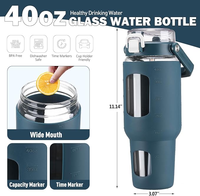 BLUEGO 40oz Glass Tumbler with Lid and Straw, Glass Water Bottles with Handle - Image 4