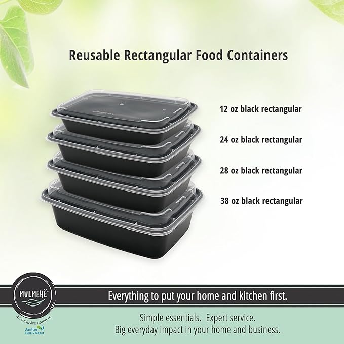 MULMEHË Plastic Food Storage Take-Out Container and Lid Combo, 24 oz, Microwaveable, Rectangular, Black, 7x5x2”, Set of 150