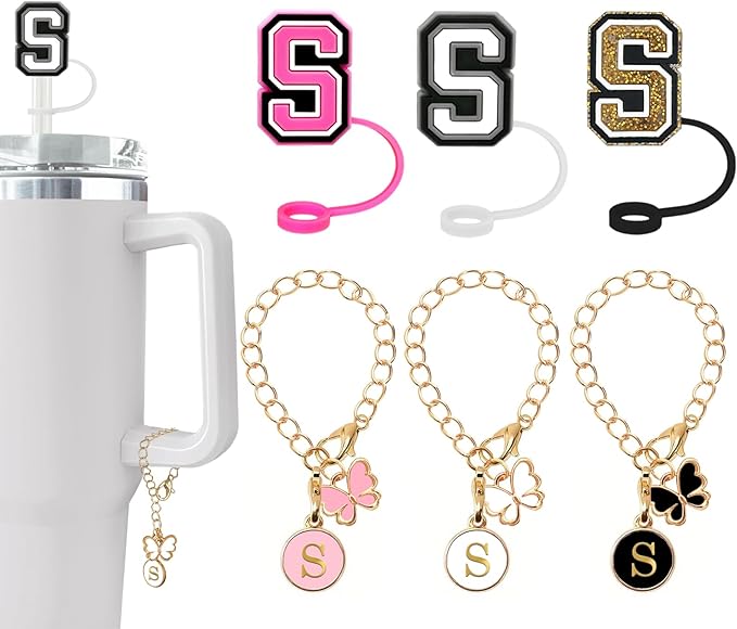 （3 +3) Nuozme Straw Cover Compatible with Stanley Tumbler Cup 3PCS Letter Straw Caps Toppers with 3 Initial Butterfly Charms Name ID For Stanley 30&40 Oz Cup