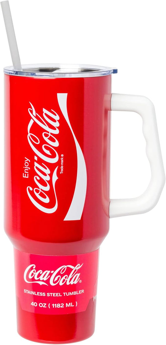 Silver Buffalo Coca-Cola Coke Stainless Steel Tumbler with Handle and Straw, Fits in Standard Cup Holder, 40 Ounces
