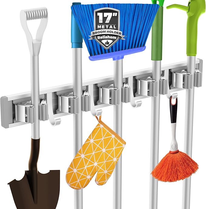 reliahom Broom Holder Wall Mount Mop and Broom Hanger Wall Mounted Garage Storage Rack Kitchen Garden Tool Organizer (5 Racks with 4 Hooks, Silver)