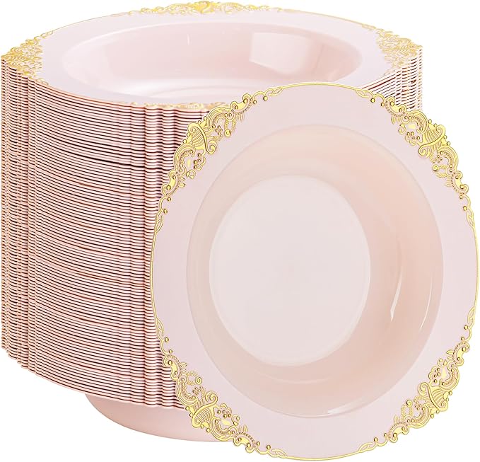 100PCS Pink Plastic Bowls - 12 oz Pink Gold Disposable Salad Bowls - Heavy Duty Disposable Soup Bowl - Fancy Plastic Ice Cream Bowl for Weddings Parties Dinners Picnics