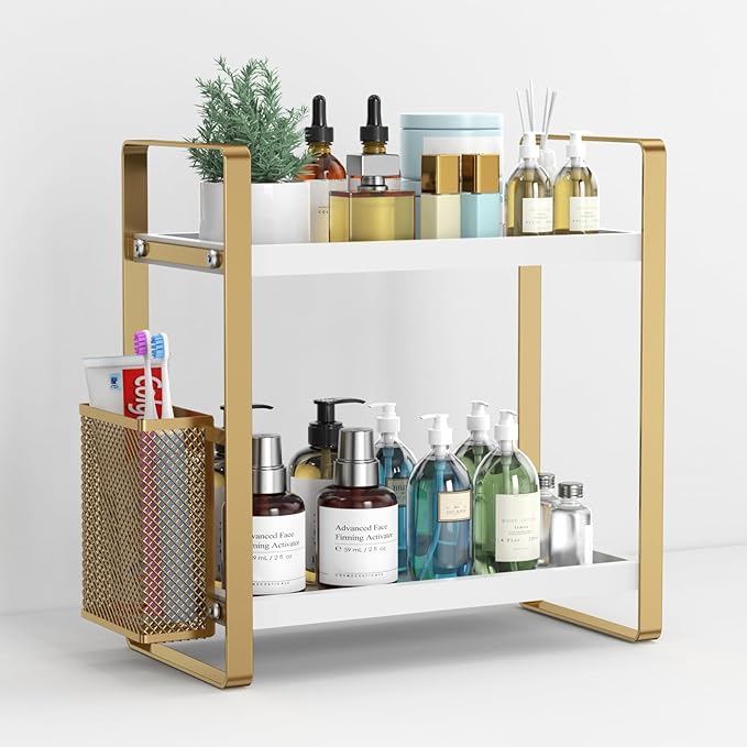 LEMIKKLE Bathroom Counter Organizer with Basket, Skincare,Makeup Organizers for Vanity,Storage Organizers for Bathroom, Kitchen, Dresser（White）