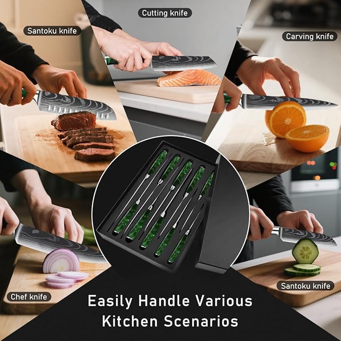 10-Piece Premium Japanese Kitchen Knife Set - Imperial Collection, Laser Damascus Pattern, 440A Stainless Steel Ultra Sharp for Fast Cutting (Green)