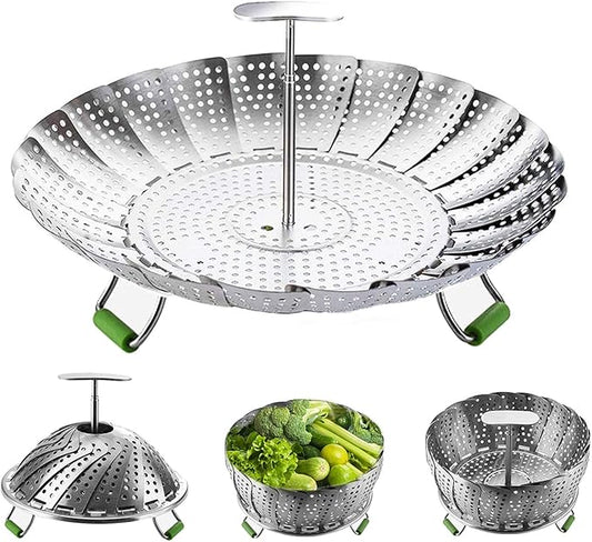 Stainless Steel Veggie Steamer Basket with Folding Handle - Expandable to Fit Pots 6.4" to 10"