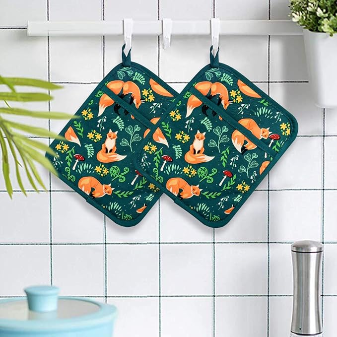 Pot Holders Set of 2 Heat Resistant 480℉ Kitchen 100% Cotton Comfortable Lining Printing Fox Flower Women Men Home Cooking Baking Microwave BBQ Gift(Fox Flower)