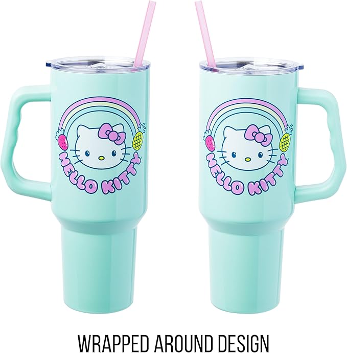 Silver Buffalo Sanrio Hello Kitty Kawaii Strawberry, Pineapple, and Rainbows Stainless Steel Tumbler with Handle and Straw, Fits in Standard Cup Holder, 40 Ounces