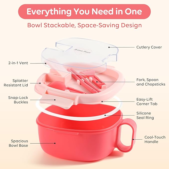 AI LOVE PEACE Microwavable Ramen Bowl with Lid - Leakproof Noodle Container with Built-In Utensils, BPA-Free, Dishwasher & Freezer Safe [Bright Pink]