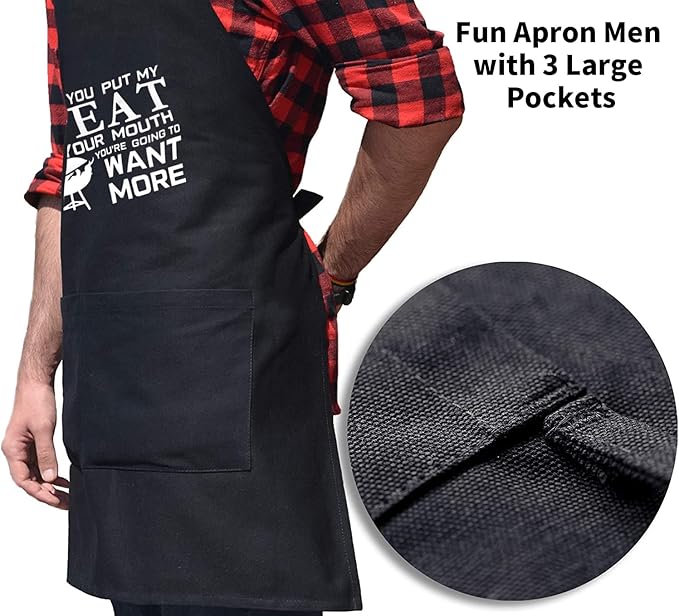 Black Grilling Apron with Pockets, Funny Cooking Apron for Kitchen, BBQ, Outdoor Use, One Size Fits All, Great Gift for Men – Dad, Husband, Boyfriend