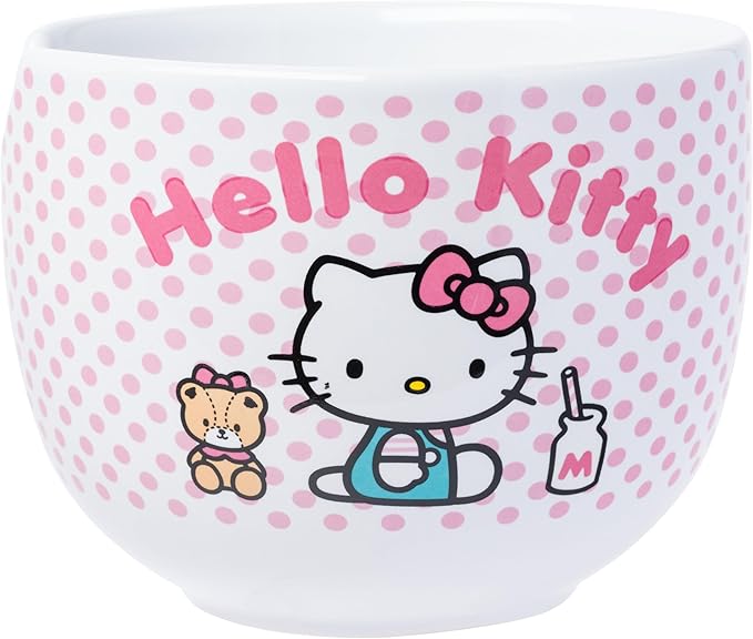 Silver Buffalo Sanrio Hello Kitty Pink Polka Dot Teddy and Strawberry Milk Ceramic Ramen Noodle Rice Bowl with Chopsticks and Spoon, Microwave Safe, 20 Ounces