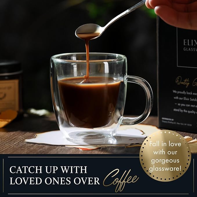 ELIXIR GLASSWARE Double Wall Espresso Shot Glass - 5.4 oz - Set of 2 Glass Coffee Mugs - Double Walled Glass Coffee Mugs, Insulated Clear Glass Espresso Mugs, Double Wall Insulated Glasses