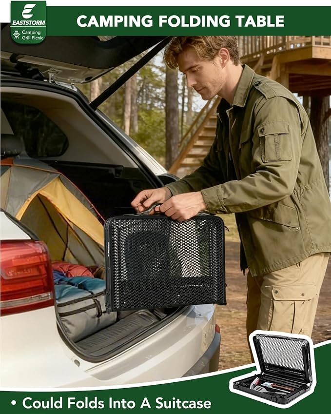 2Ft Small Folding Table with Carry Handle, Adjustable Height 10.6–22 in, Black Metal Mesh, Portable & Compact Indoor/Apartment/Card/Side/Grill Table, 23.6×15.8 in, 4 lb, 66 lb Capacity