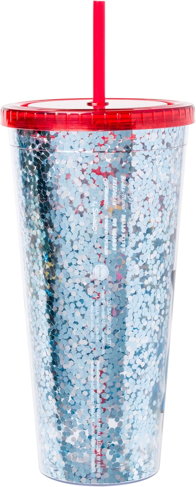 Silver Buffalo Sanrio Hello Kitty and Friends Featuring Cinnamoroll, Badtz-Maru, My Melody, Pompompurin, Tuxedo Sam, and Chococat Rainbow Plastic Confetti Cold Cup with Lid and Straw, 32 Ounces