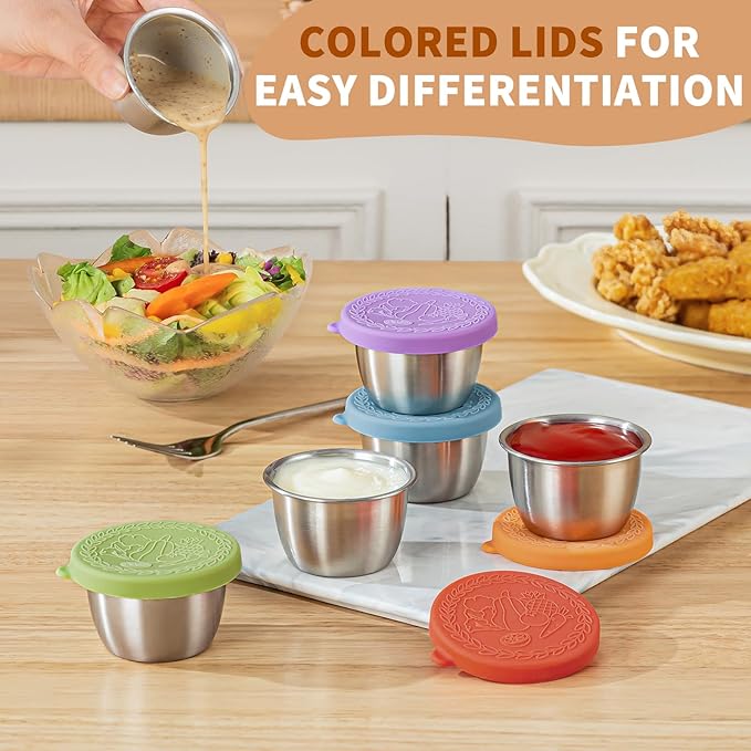 8 Pack - 2.4 Oz Small Salad Dressing Containers To Go, Leakproof Condiment Containers with Lids Reusable Stainless Steel Sauce Cups for Lunch Boxes Kitchen Storage Picnics Travel Meal Prep