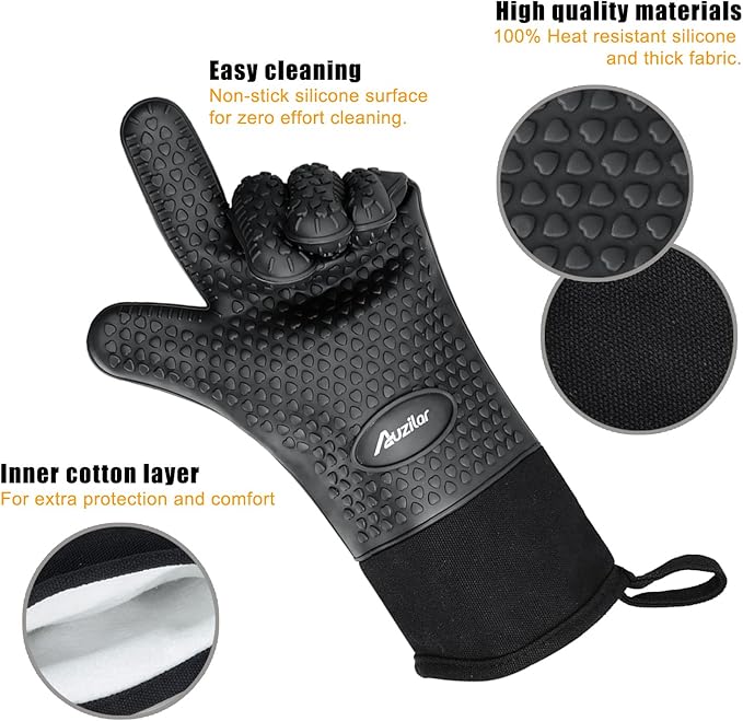 Silicone Cooking Gloves, Grilling Gloves, Heat Resistant Gloves BBQ Kitchen Silicone Oven Mitts, Long Waterproof Non-Slip Potholder for Barbecue, Cooking, Baking